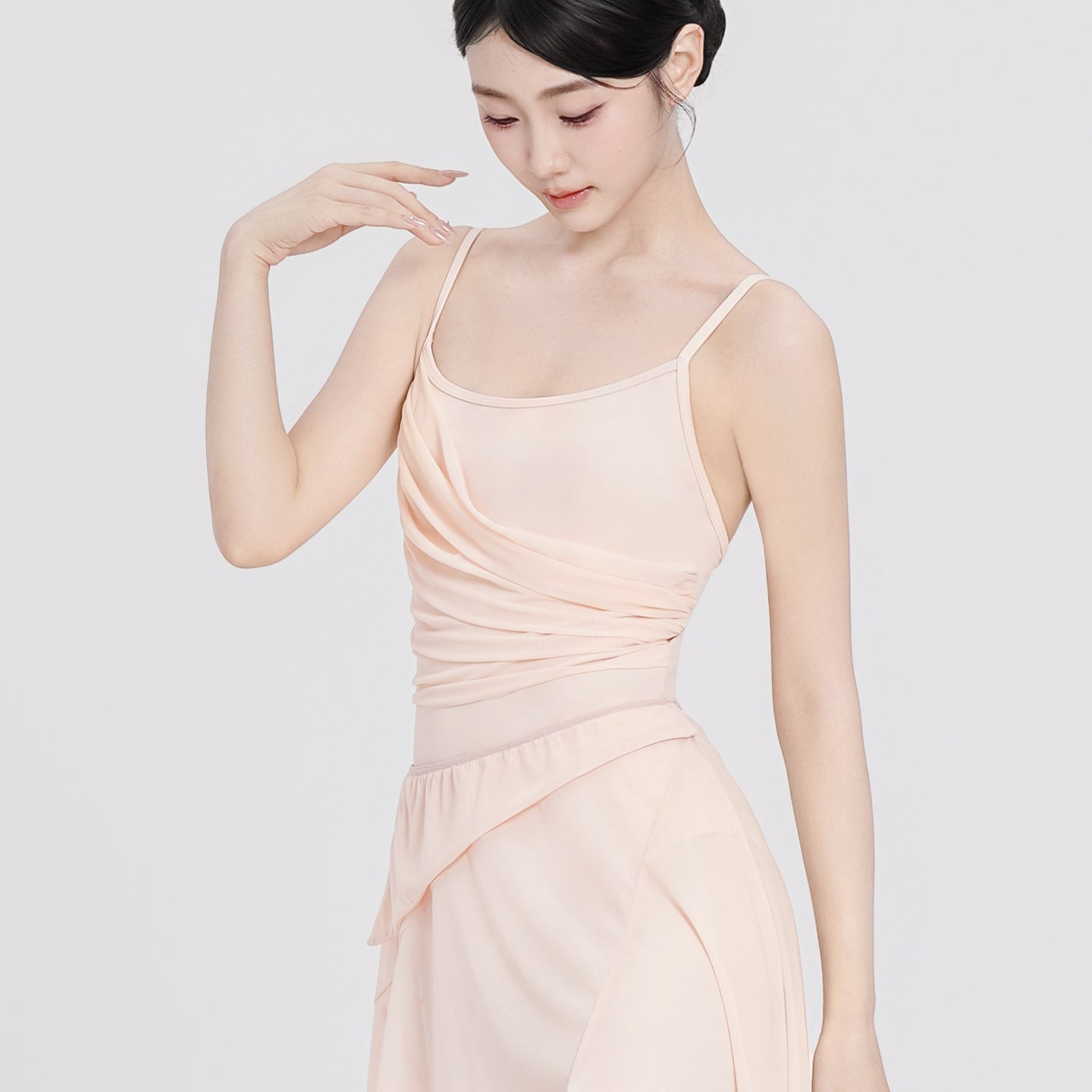 Nylon Asym Ruched Mesh Panel Cami Leotard