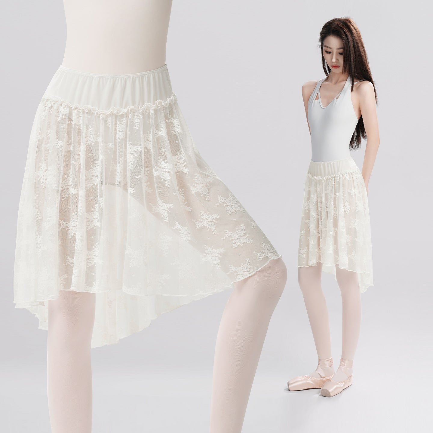 Lace Ruffle Mesh Panel Midi Ballet Skirt